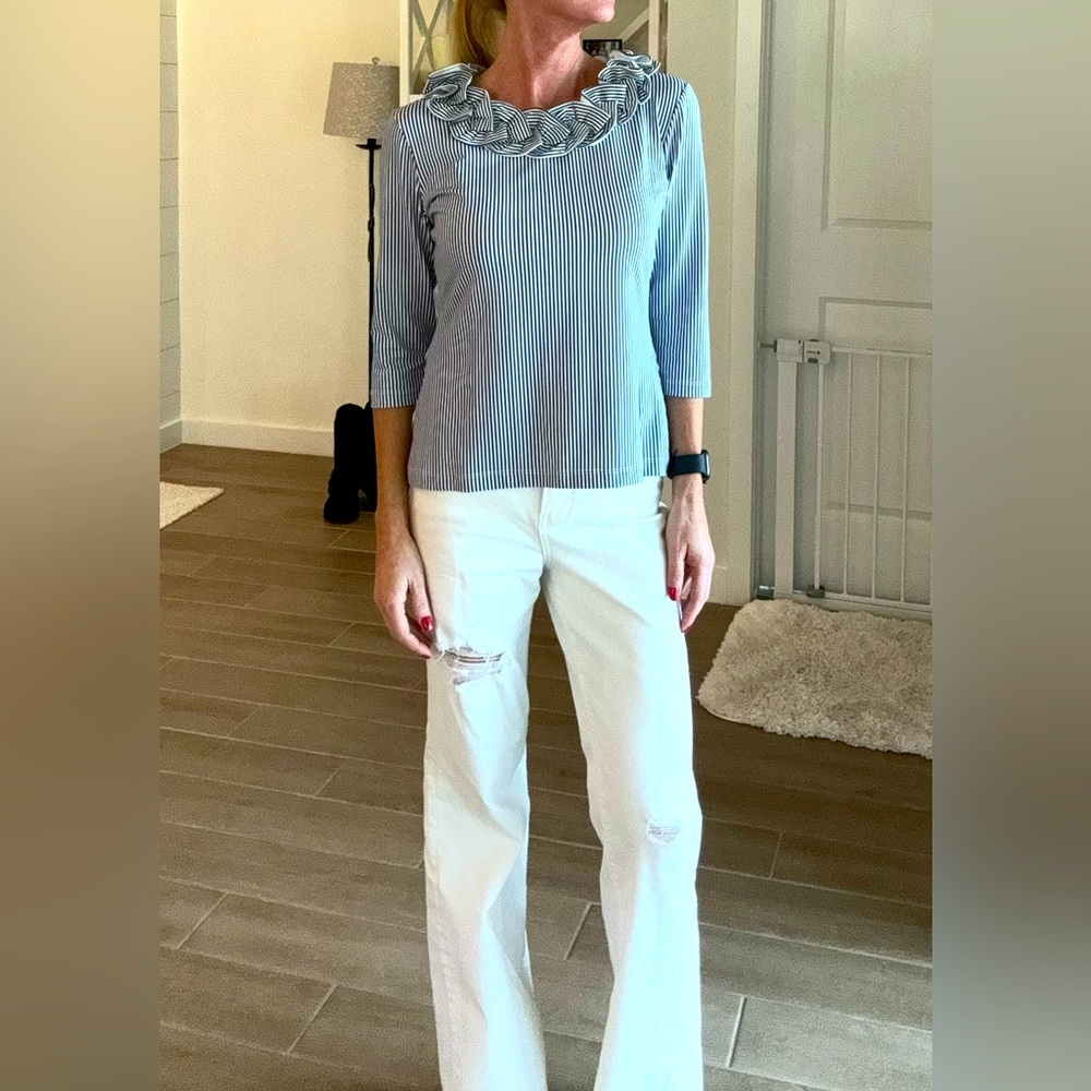 Sailor-Sailor Nautical Navy/White striped cricket 3/4 sleeve top, size small.
